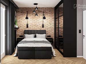 Mała sypialnia szara loft z cegłą szafą lustrem szafkami - PROJEKT: WNĘTRZE
