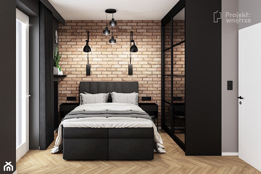 Mała sypialnia w stylu soft loft - z cegłą, czernią i szprosami w roli głównej, 10 m2, Warszawa Wola ... - zdjęcie od PROJEKT: WNĘTRZE