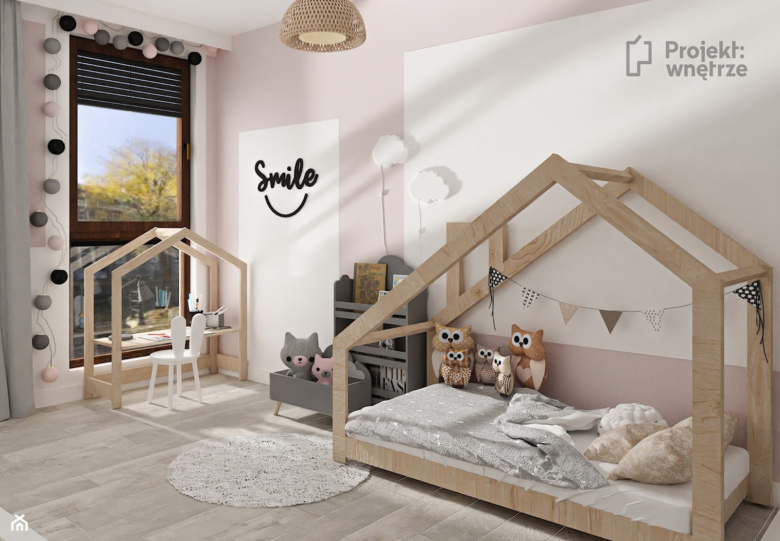Pokój dla dziewczynki mały pokój dziecka styl skandynawski strefa zabaw dla dziecka spania nauki z biurkiem różowy szary PROJEKT: WNĘTRZE projektwnetrze.com.pl - zdjęcie od PROJEKT: WNĘTRZE - Homebook
