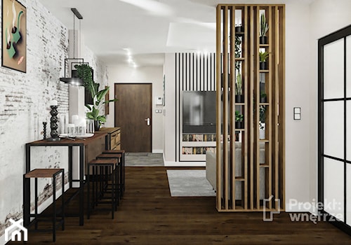 Mały salon z kuchnią jadalnią nowoczesny loft industrialny beżowy ciemne drewno czarny lamele PROJEKT: WNĘTRZE www.projektwnetrze.com.pl - zdjęcie od PROJEKT: WNĘTRZE