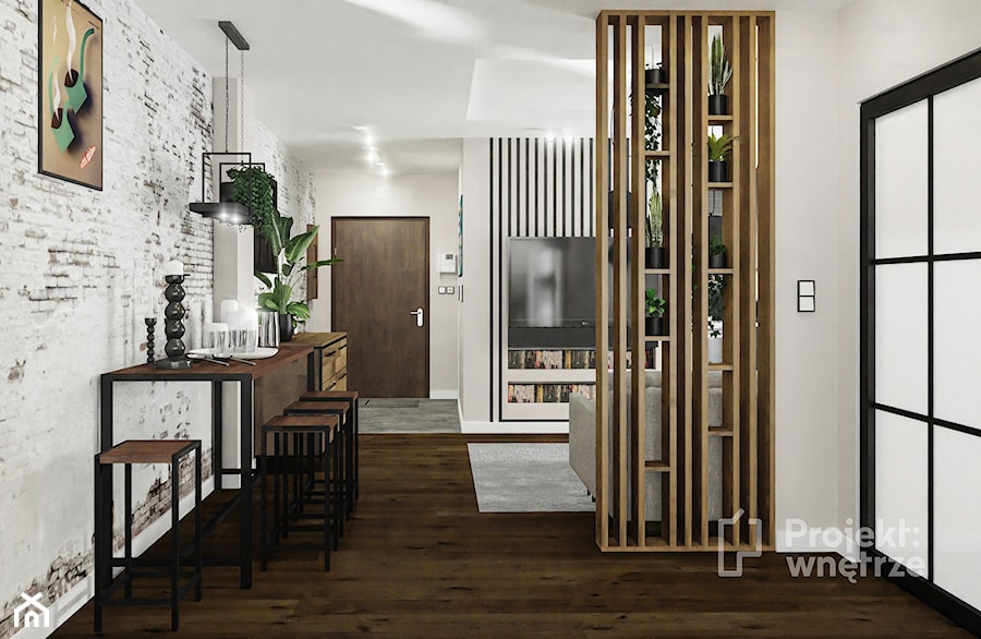 Mały salon z kuchnią jadalnią nowoczesny loft industrialny beżowy ciemne drewno czarny lamele PROJEKT: WNĘTRZE www.projektwnetrze.com.pl - zdjęcie od PROJEKT: WNĘTRZE