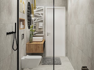 Średnia bez okna z szarymi płytkami z prysznicem z punktowym oświetleniem z umywalką nablatową szafka wisząca styl minimalistyczny PROJEKT: WNĘTRZE projektwnetrze.com.pl - zdjęcie od PROJEKT: WNĘTRZE