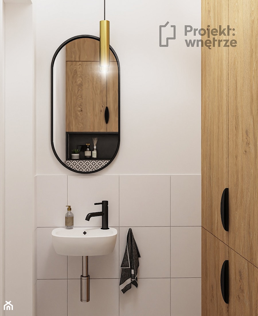 WC mała bez okna drewno owalne lustro styl nowoczesny umywalka wisząca oświetlenie punktowe PROJEKT: WNĘTRZE - zdjęcie od PROJEKT: WNĘTRZE