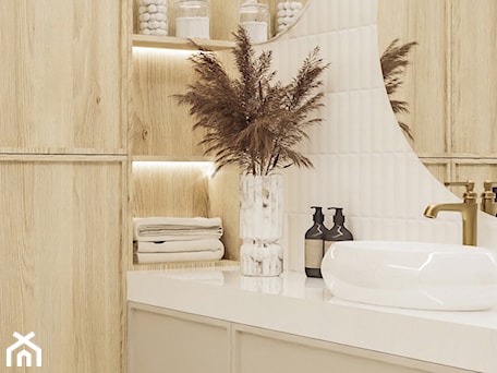 Aranżacje wnętrz - Łazienka: Mała łazienka japandi z prysznicem bez okna beżowa drewno białe płytki okrągłe lustro odpływ liniowy umywalka nablatowa wisząca szafka umywalkowa z szufladą białe płytki cegiełki mozaika - PROJEKT: WN - PROJEKT: WNĘTRZE. Przeglądaj, dodawaj i zapisuj najlepsze zdjęcia, pomysły i inspiracje designerskie. W bazie mamy już prawie milion fotografii!