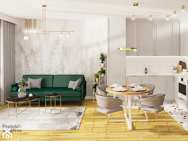 Mały szary salon z kuchnią jadalnią nowoczesny glamour lastryko terrazzo tapeta
