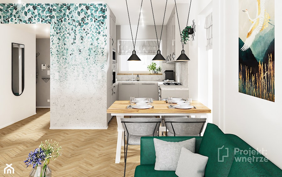 Mała jadalnia nowoczesna w salonie glamour z prostokątnym stołem drewnianym białe ściany tapeta sztukateria podłoga drewno PROJEKT: WNĘTRZE www.projektwnetrze.com.pl - zdjęcie od PROJEKT: WNĘTRZE