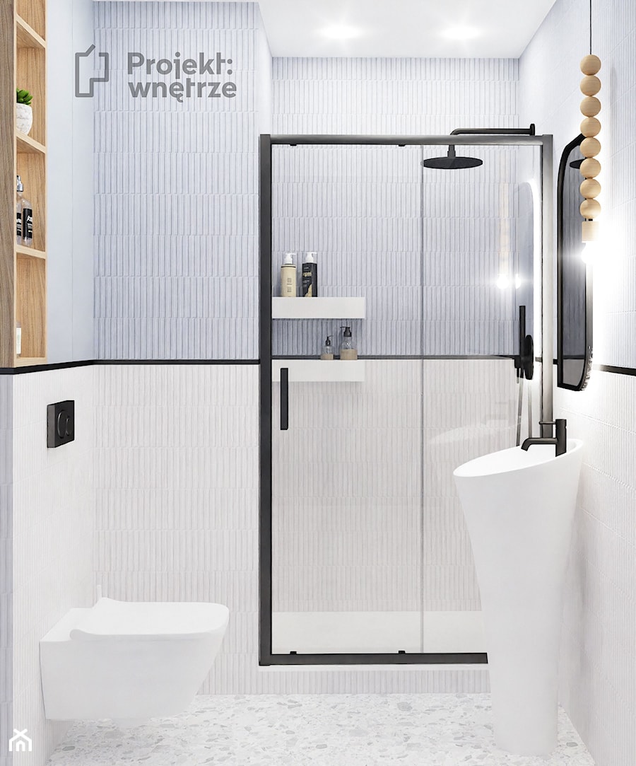 Mała z prysznicem bez okna WC umywalka wolnostojąca lamele lastryko biała łazienka lamele płytki 3D z oświetleniem punktowym styl nowoczesny PROJEKT: WNĘTRZE - zdjęcie od PROJEKT: WNĘTRZE