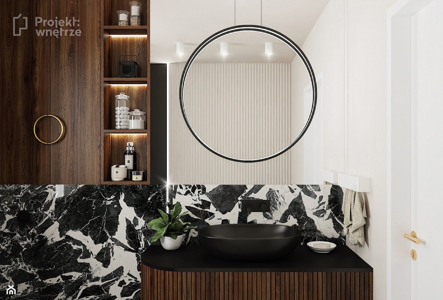 Mała łazienka z wanną z oknem styl nowoczesny minimalistyczny z WC beżowa czarna umywalka lamele okrągłe lustro oświetlenie punktowe ledowe czarna armatura - zdjęcie od PROJEKT: WNĘTRZE - Homebook
