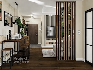 Mały salon z kuchnią jadalnią nowoczesny loft industrialny ciemne drewno czarny lamele PROJEKT: WNĘTRZE www.projektwnetrze.com.pl - zdjęcie od PROJEKT: WNĘTRZE