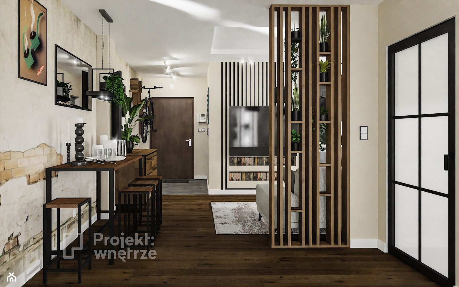 Mały salon z kuchnią jadalnią nowoczesny loft industrialny ciemne drewno czarny lamele PROJEKT: WNĘTRZE www.projektwnetrze.com.pl - zdjęcie od PROJEKT: WNĘTRZE - Homebook