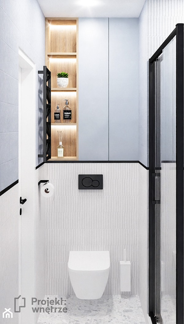 Mała z prysznicem bez okna WC lamele lastryko biała łazienka lamele płytki 3D z oświetleniem punktowym styl nowoczesny PROJEKT: WNĘTRZE - zdjęcie od PROJEKT: WNĘTRZE - Homebook