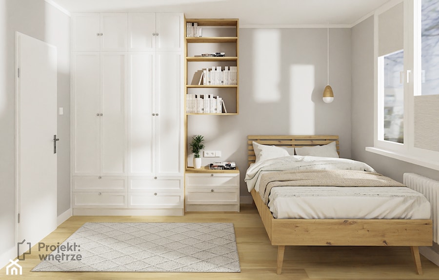 Mała sypialnia szara biała szafą szafkami drewno jasne skandynawski PROJEKT: WNĘTRZE www.projektwnetrze.com.pl - zdjęcie od PROJEKT: WNĘTRZE