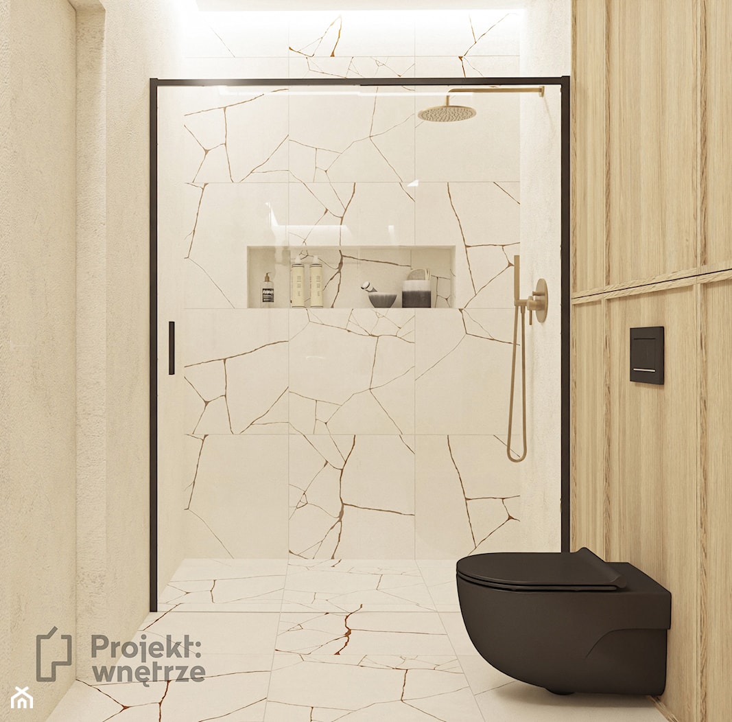Mała łazienka japandi z marmurem z prysznicem bez okna beżowa drewno białe płytki okrągłe lustro odpływ liniowy umywalka nablatowa wisząca szafka umywalkowa z szufladą białe płytki cegiełki mozaika - zdjęcie od PROJEKT: WNĘTRZE - Homebook