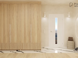Duży beżowy hol / przedpokój biały z szafą japandi styl nowoczesny z lustrem z siedziskiem ze schodami z zabudową meblową jasne drewno struktura dekoracyjna drzwi ukryte - PROJEKT: WNĘTRZE projektwnet - zdjęcie od PROJEKT: WNĘTRZE