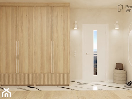 Aranżacje wnętrz - Hol / Przedpokój: Duży beżowy hol / przedpokój biały z szafą japandi styl nowoczesny z lustrem z siedziskiem ze schodami z zabudową meblową jasne drewno struktura dekoracyjna drzwi ukryte - PROJEKT: WNĘTRZE projektwnet - PROJEKT: WNĘTRZE. Przeglądaj, dodawaj i zapisuj najlepsze zdjęcia, pomysły i inspiracje designerskie. W bazie mamy już prawie milion fotografii!