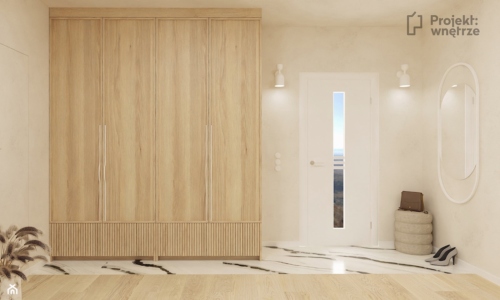 Duży beżowy hol / przedpokój biały z szafą japandi styl nowoczesny z lustrem z siedziskiem ze schodami z zabudową meblową jasne drewno struktura dekoracyjna drzwi ukryte - PROJEKT: WNĘTRZE projektwnet - zdjęcie od PROJEKT: WNĘTRZE - Homebook