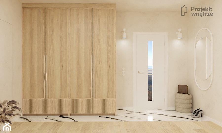 Duży beżowy hol / przedpokój biały z szafą japandi styl nowoczesny z lustrem z siedziskiem ze schodami z zabudową meblową jasne drewno struktura dekoracyjna drzwi ukryte - PROJEKT: WNĘTRZE projektwnet - zdjęcie od PROJEKT: WNĘTRZE
