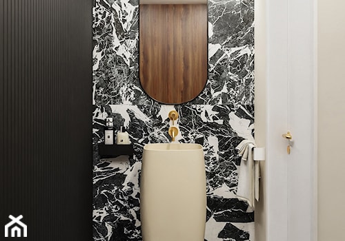 WC styl nowoczesny - mała bez okna z lustrem umywalką stojącą z oświetleniem punktowym - zdjęcie od PROJEKT: WNĘTRZE