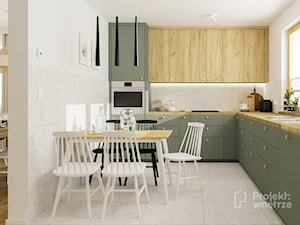 Średnia kuchnia w kształcie litery U nowoczesna z płytkami na ścianie drewniana ze spiżarnią lastryko terrazzo z jadalnią zielona Ikea PROJEKT: WNĘTRZE projektwnetrze.com.pl - zdjęcie od PROJEKT: WNĘTRZE
