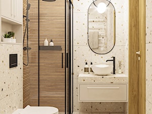 Mała łazienka bez okna z prysznicem lastryko z oświetleniem punktowym z prysznic