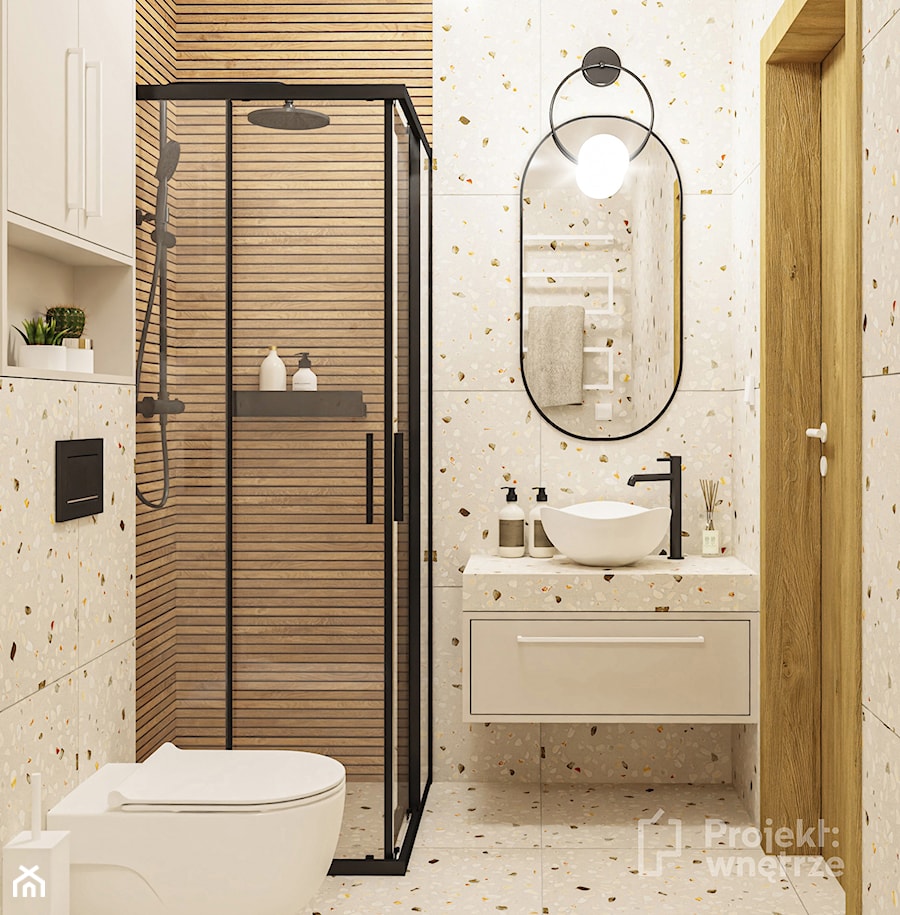 Mała łazienka bez okna z prysznicem lastryko z oświetleniem punktowym z prysznicem odpływ liniowy szafka wisząca z umywalką nablatową projektwnetrze.com.pl - zdjęcie od PROJEKT: WNĘTRZE