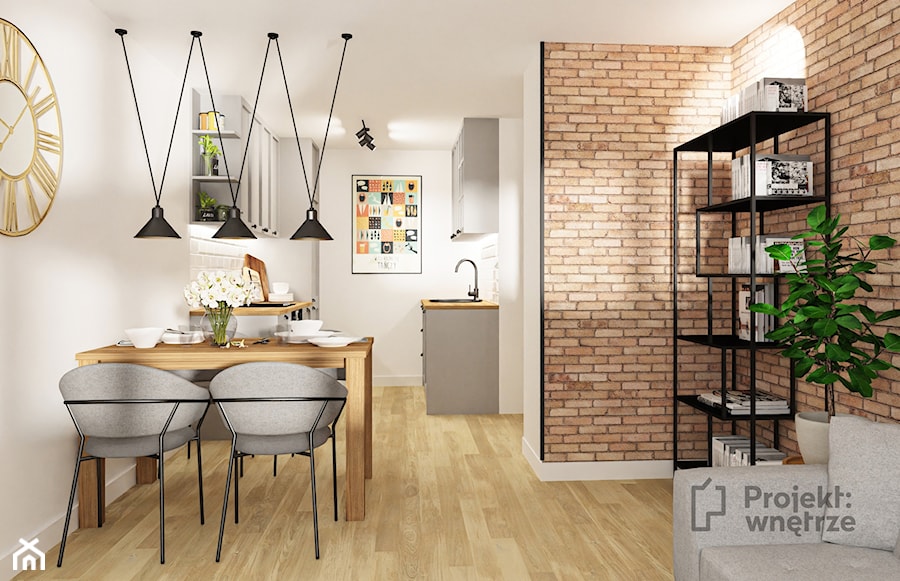 Mały szary salon z kuchnią jadalnią loft cegła czarny PROJEKT: WNĘTRZE www.projektwnetrze.com.pl - zdjęcie od PROJEKT: WNĘTRZE