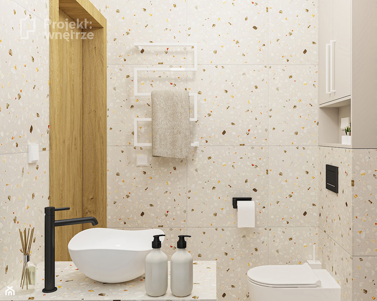 Mała łazienka bez okna z prysznicem lastryko z oświetleniem punktowym z prysznicem odpływ liniowy szafka wisząca z umywalką nablatową projektwnetrze.com.pl - zdjęcie od PROJEKT: WNĘTRZE - Homebook