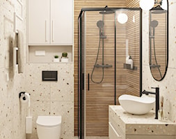 PROJEKT: WNĘTRZE Beżowa łazienka gościnna z terrazzo i drewnem 2.8 m2 - www.projektwnetrze.com.pl - zdjęcie od PROJEKT: WNĘTRZE - Homebook
