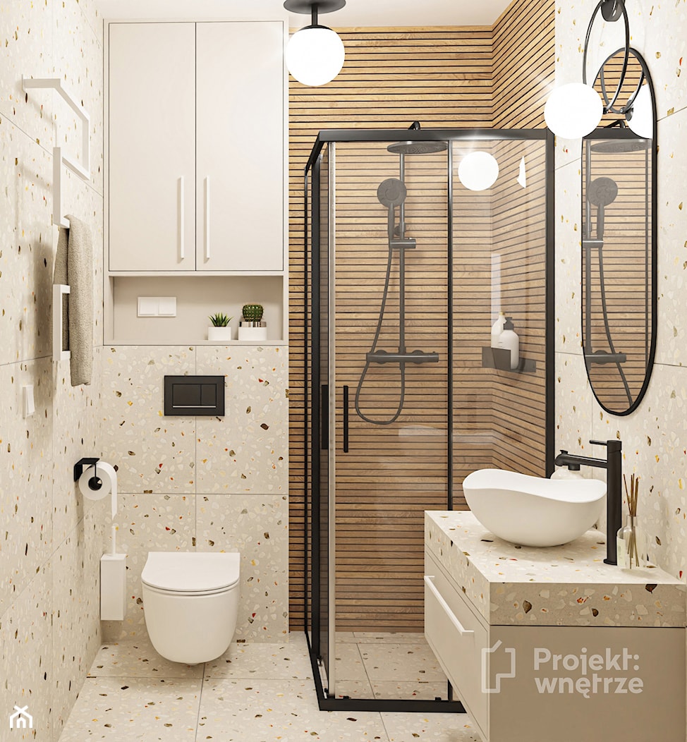 Mała łazienka bez okna z prysznicem lastryko z oświetleniem punktowym z prysznicem odpływ liniowy szafka wisząca z umywalką nablatową projektwnetrze.com.pl - zdjęcie od PROJEKT: WNĘTRZE - Homebook