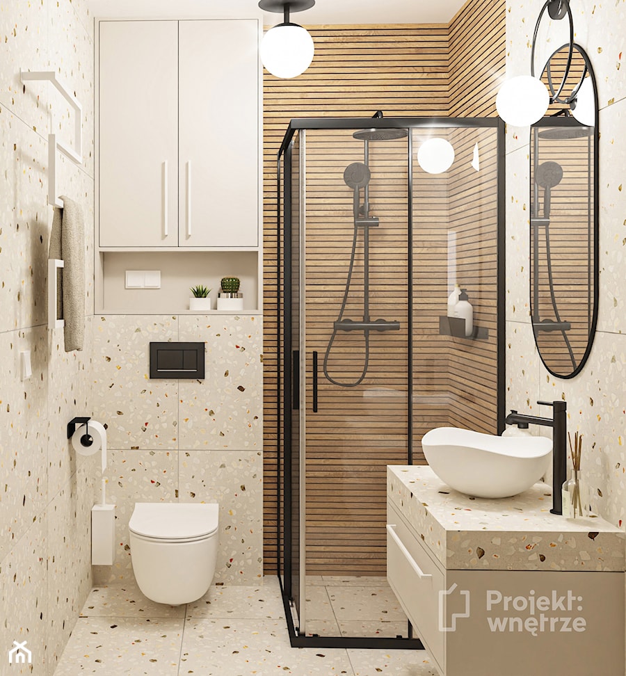 Mała łazienka bez okna z prysznicem lastryko z oświetleniem punktowym z prysznicem odpływ liniowy szafka wisząca z umywalką nablatową projektwnetrze.com.pl - zdjęcie od PROJEKT: WNĘTRZE