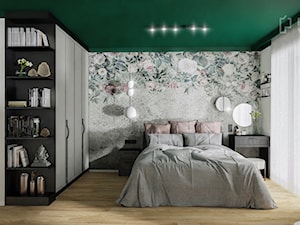 Mała sypialnia małżeńska szara z szafą styl nowoczesny tapeta kwiaty