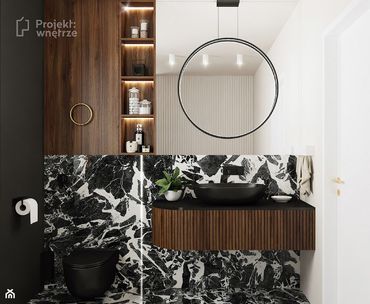 Mała łazienka z wanną z oknem styl nowoczesny minimalistyczny z WC beżowa czarna umywalka lamele okrągłe lustro oświetlenie punktowe ledowe czarna armatura - zdjęcie od PROJEKT: WNĘTRZE - Homebook
