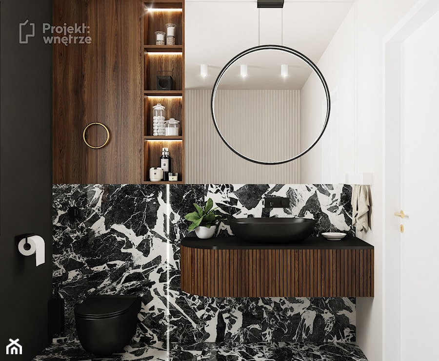 Mała łazienka z wanną z oknem styl nowoczesny minimalistyczny z WC beżowa czarna umywalka lamele okrągłe lustro oświetlenie punktowe ledowe czarna armatura - zdjęcie od PROJEKT: WNĘTRZE