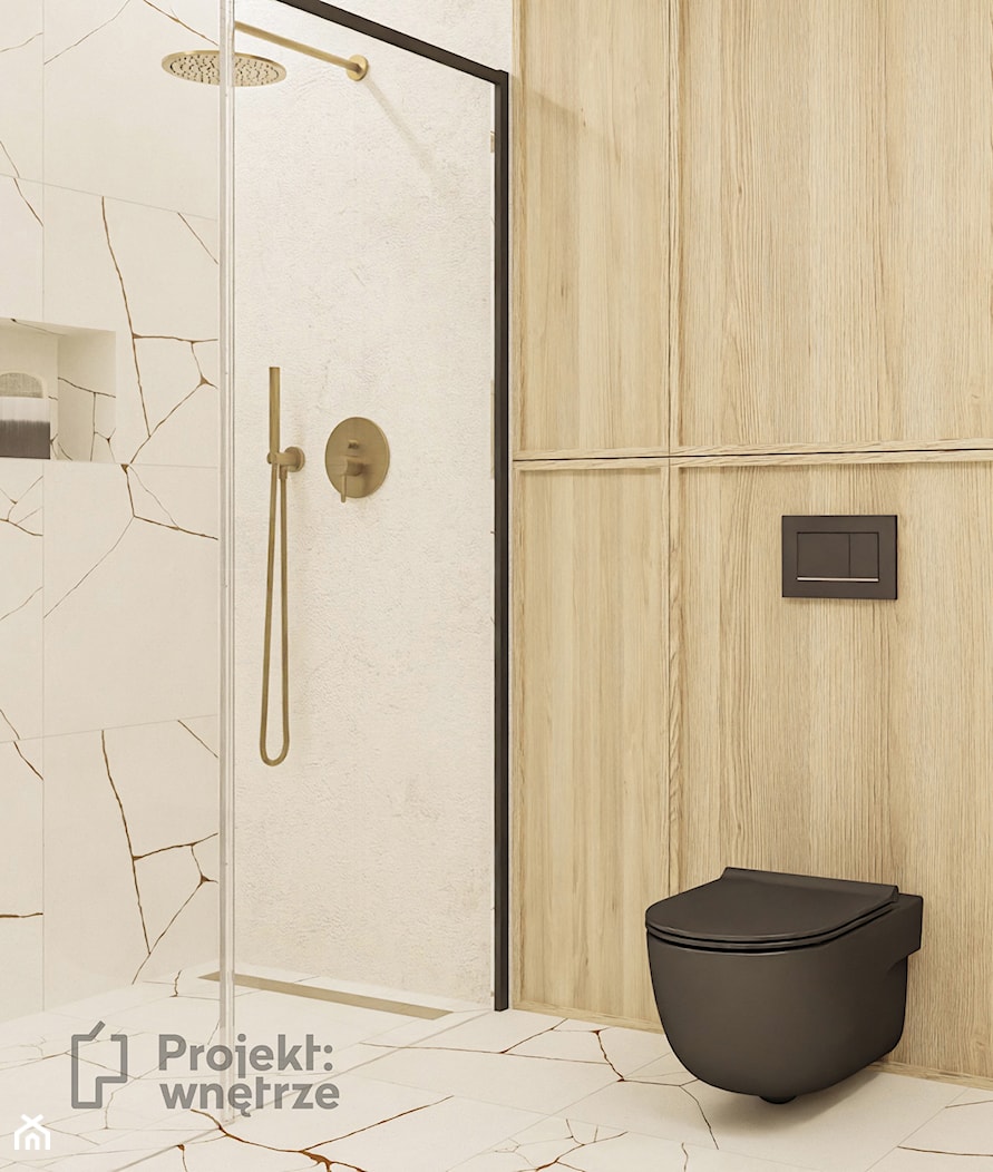 Mała łazienka japandi z marmurem z prysznicem bez okna beżowa drewno białe płytki okrągłe lustro odpływ liniowy umywalka nablatowa wisząca szafka umywalkowa z szufladą białe płytki cegiełki mozaika - zdjęcie od PROJEKT: WNĘTRZE - Homebook