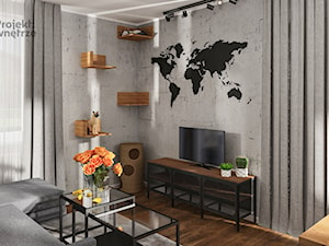 Mały salon z kuchnią jadalnią nowoczesny szary minimalistyczny beton loft ciemne drewno niebieski PROJEKT: WNĘTRZE www.projektwnetrze.com.pl - zdjęcie od PROJEKT: WNĘTRZE