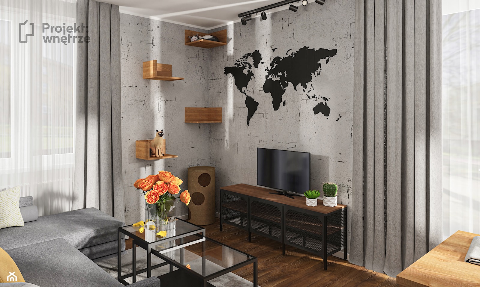 Mały salon z kuchnią jadalnią nowoczesny szary minimalistyczny beton loft ciemne drewno niebieski PROJEKT: WNĘTRZE www.projektwnetrze.com.pl - zdjęcie od PROJEKT: WNĘTRZE - Homebook