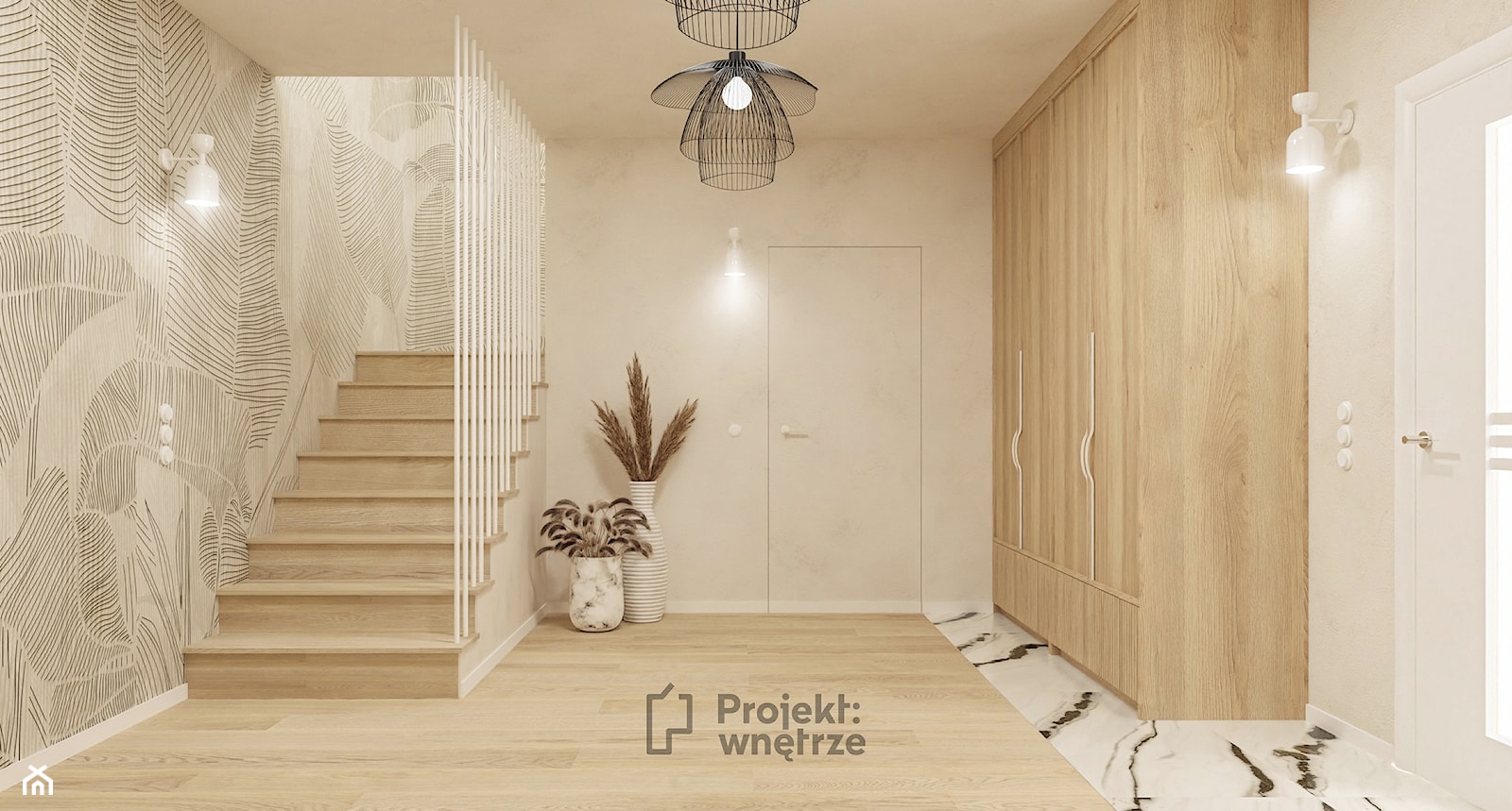 Duży beżowy hol / przedpokój biały z szafą japandi styl minimalistyczny z lustrem z siedziskiem ze schodami z zabudową meblową jasne drewno struktura dekoracyjna drzwi ukryte - PROJEKT: WNĘTRZE - zdjęcie od PROJEKT: WNĘTRZE - Homebook
