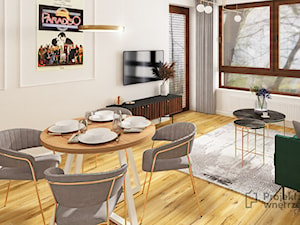 Mała jadalnia nowoczesna w salonie glamour z okrągłym stołem drewnianym białe ściany tapeta podłoga drewno PROJEKT: WNĘTRZE www.projektwnetrze.com.pl - zdjęcie od PROJEKT: WNĘTRZE