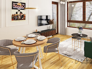 Mały szary salon z kuchnią jadalnią nowoczesny glamour lastryko terrazzo tapeta