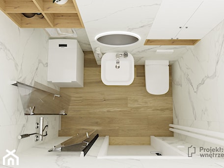 Aranżacje wnętrz - Łazienka: Mała łazienka z prysznicem w bloku marmur drewno biała minimalistyczna PROJEKT: WNĘTRZE - PROJEKT: WNĘTRZE. Przeglądaj, dodawaj i zapisuj najlepsze zdjęcia, pomysły i inspiracje designerskie. W bazie mamy już prawie milion fotografii!