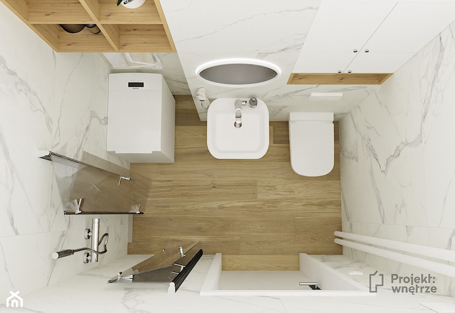 Mała łazienka z prysznicem w bloku marmur drewno biała minimalistyczna PROJEKT: WNĘTRZE - zdjęcie od PROJEKT: WNĘTRZE
