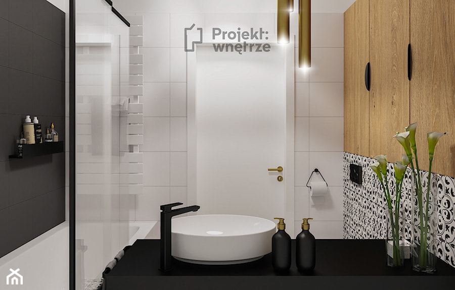 Mała łazienka WC bez okna z wanną oświetlenie ledowe drewniane płytki czarne okrągłe lustro styl nowoczesny umywalka wpuszczana szafka wisząca oświetlenie punktowe PROJEKT: WNĘTRZE - zdjęcie od PROJEKT: WNĘTRZE