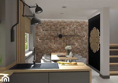 Projekt domu jednorodzinnego Wiry - Średnia otwarta z salonem szara z podblatowym zlewozmywakiem kuchnia w kształcie litery l z wyspą lub półwyspem z oknem, styl industrialny - zdjęcie od LuArt Design