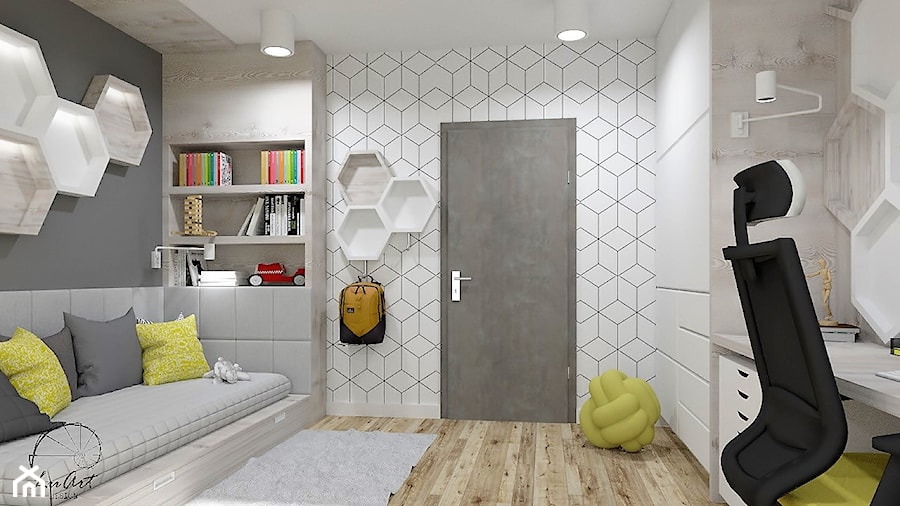 Pokój dla chłopca - Średni beżowy biały szary z panelami tapicerowanymi pokój dziecka dla nastolatka dla chłopca, styl nowoczesny - zdjęcie od LuArt Design