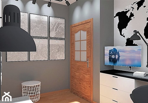 Pokój młodego futbolisty - Mały czarny szary pokój dziecka dla nastolatka dla chłopca dla dziewczynki, styl skandynawski - zdjęcie od LuArt Design