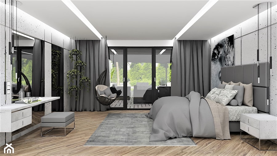 Sypialnia w betonie - Duża biała szara sypialnia z balkonem / tarasem, styl nowoczesny - zdjęcie od LuArt Design