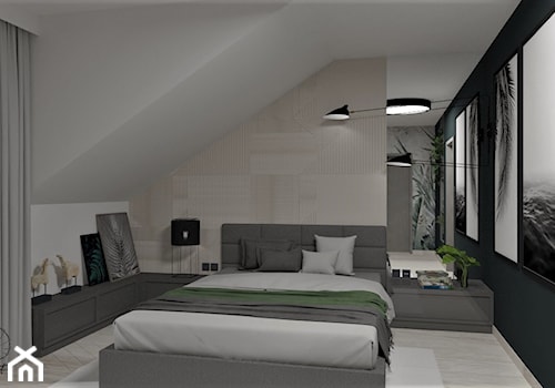 Sypialnia z tapetą od Wonderwall - Średnia biała czarna sypialnia na poddaszu, styl industrialny - zdjęcie od LuArt Design