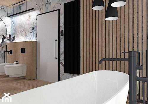 Projekt koncepcyjny łazienki z tapetą Calipso. - zdjęcie od LuArt Design