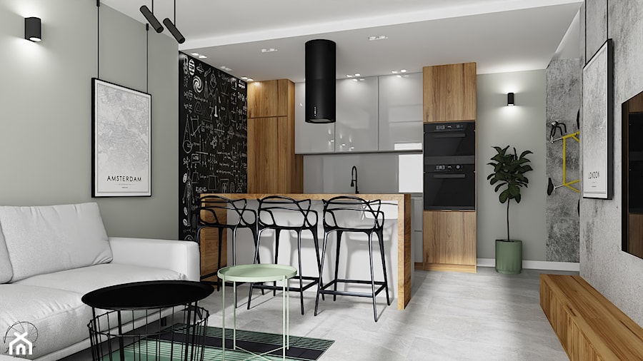 Męskie mieszkanie - Mała otwarta biała czarna zielona z zabudowaną lodówką kuchnia dwurzędowa z wyspą lub półwyspem, styl industrialny - zdjęcie od LuArt Design