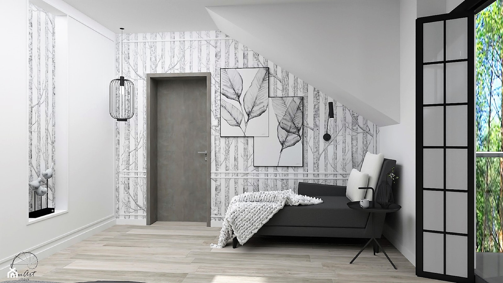 Sypialnia w brzozy - Średnia biała sypialnia na poddaszu z balkonem / tarasem, styl glamour - zdjęcie od LuArt Design - Homebook